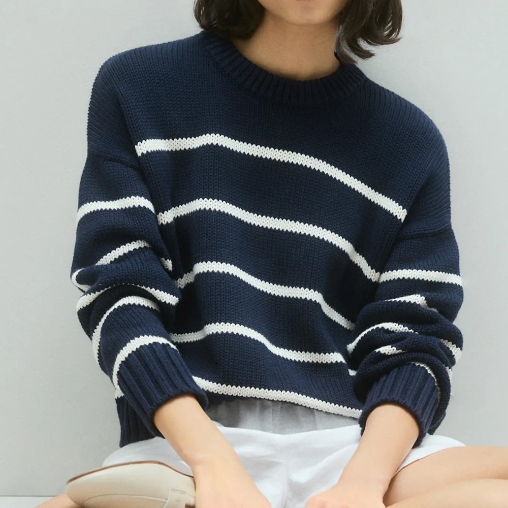 Quince 100% Organic Cotton Striped Crew Sweater - Navy/White XS